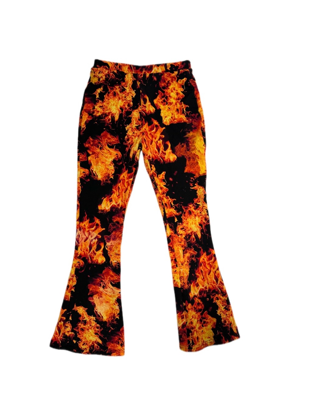 Flame Print Flared Pants - Black & Orange